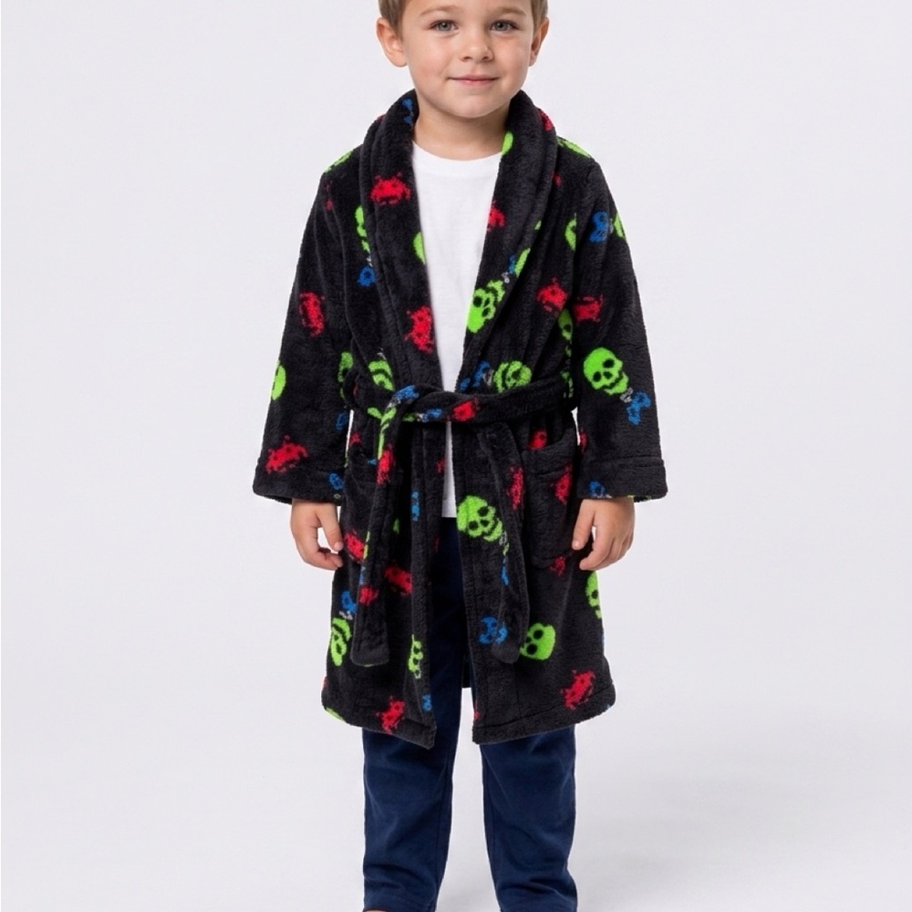 Kids Black Plush Bathrobe with Neon Skull Print